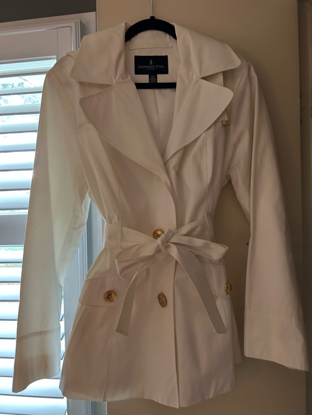 London Fog White Trench with Tie Waist and Gold Buttons
